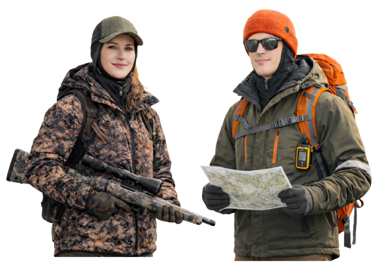 Femme chasseresse et homme en randonnée portant le capuchon technique HDX3 sous une casquette et une tuque, en contexte de plein air