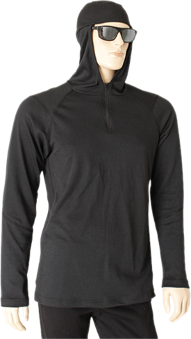Mannequin portant le capuchon technique HDX3 noir de Nous Sommes Le Vêtement – coupe ergonomique ajustée, protection trois saisons sous casque de sécurité.